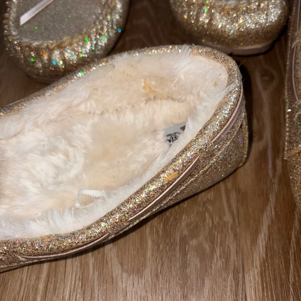 2 Pairs SELF ESTEEM Toddler Girls Glitter Moccasin Shoes Gold Flats Sizes 3 & 4